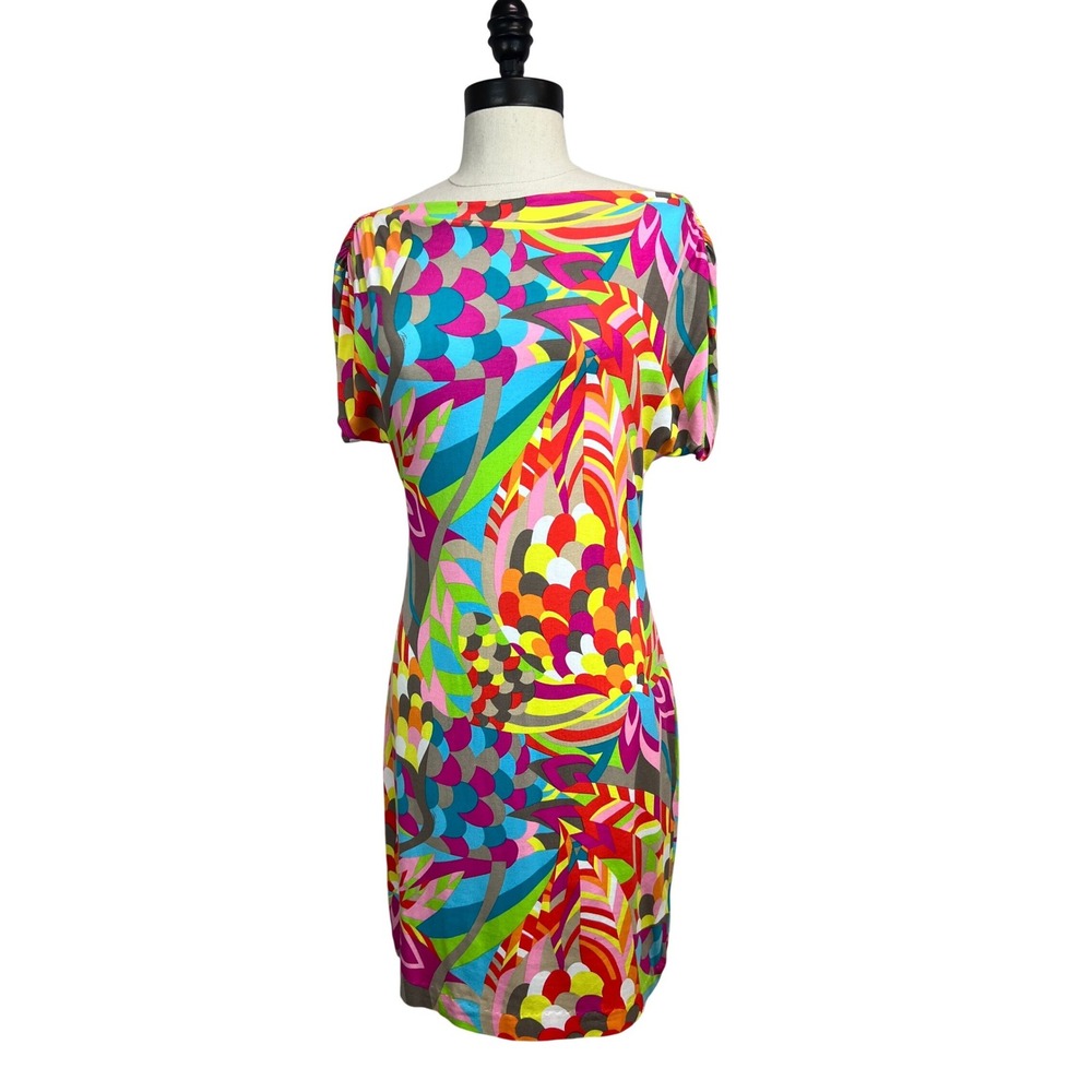 Trina Turk Sheath Dress Womens Small Multicolor Excellent Abstract Short Sleeve